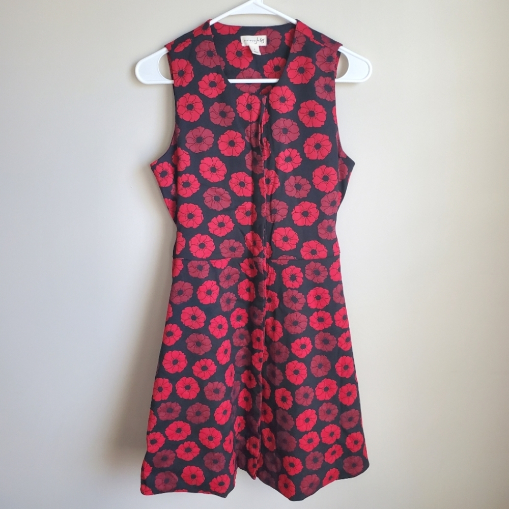 Maison Jules Size 4 Red Black Flower Button Down Tie Waist Sleeveless Dress